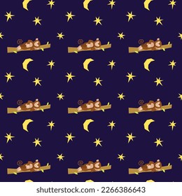 A cute monkey sleeps on a branch next to the moon and stars. Seamless pattern on a blue background. Decor for childrens posters, postcards, clothing and interior decoration. Vector illustration.