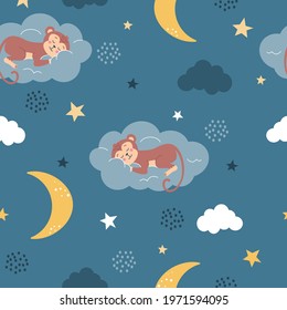 A cute monkey sleeps on a cloud next to the moon and stars. Vector seamless pattern in a flat style on a blue background. Decor for children's posters, postcards, clothing and interior decoration