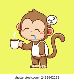 Cute Monkey Sleepy Holding Coffee Cartoon Vector Icon Illustration. Animal Drink Icon Concept Isolated Premium Vector. Flat Cartoon Style