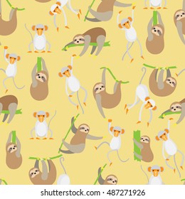 Cute monkey and sloth on yellow background pattern. Animal seamless pattern design. 
