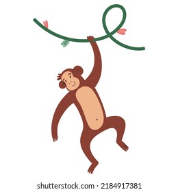 Cute Monkey Smiling And Hanging Of A Creeper In Tropical Forest, Cheerful Chimp Or Macaque, Isolated Vector Illustration On White Background