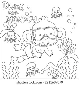 Cute monkey in snorkel mask diving in the sea isolated on white background illustration vector. Childish design for kids activity colouring book or page.