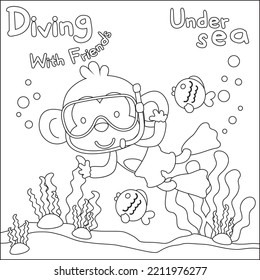 Cute monkey in snorkel mask diving in the sea isolated on white background illustration vector. Childish design for kids activity colouring book or page.