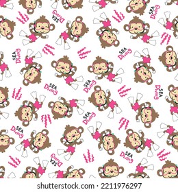 Cute monkey in snorkel mask diving in the sea isolated on white background illustration vector Can be used for t-shirt print, Vector childish background for fabric textile, and other decoration