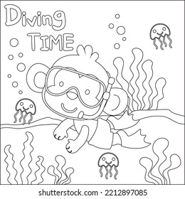 Cute monkey in snorkel mask diving in the sea isolated on white background illustration vector. Childish design for kids activity colouring book or page.