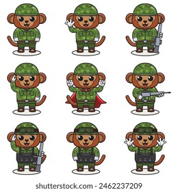 Cute Monkey soldier in camouflage uniform. Cartoon funny Monkey soldier character with helmet and green uniform in different positions. Funny Animal illustration Set.