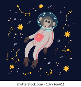 Cute monkey in the space on skies objects background. Funny children's vector illustration. Ape in the cosmos surrounded by stars.
