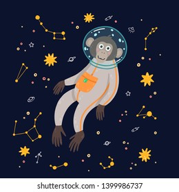 Cute monkey in the space on skies objects background. Funny children's vector illustration. Ape in the cosmos surrounded by stars.
