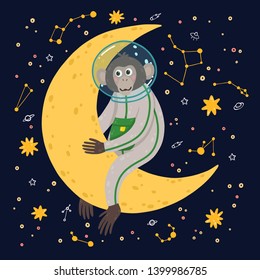 Cute monkey in the space on skies objects background. Funny children's vector illustration. Ape in the cosmos surrounded by stars.