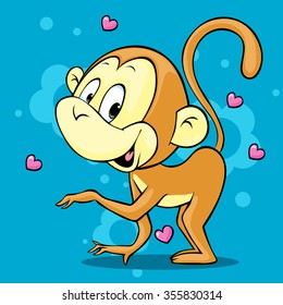 cute monkey standing on blue abstract background - vector