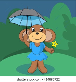 Cute monkey standing on green meadow with a flower and an umbrella in the rain. Vector illustration