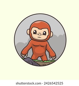 Cute Monkey Standing On Mountain Cartoon Vector Icon Illustration. Animal Nature Icon Concept Isolated Premium Vector. Flat Cartoon Style
