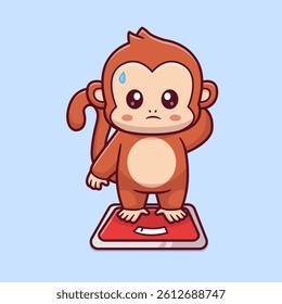 Cute Monkey Standing On Weight Scale Cartoon Vector Icon Illustration. Animal Healthy Icon Concept Isolated Premium Vector. Flat Cartoon Style