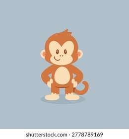 Cute monkey stands with hands on hips. Soft brown fur covers its round body. Big eyes and a smile give it a friendly look. Simple background lets the monkey stand out