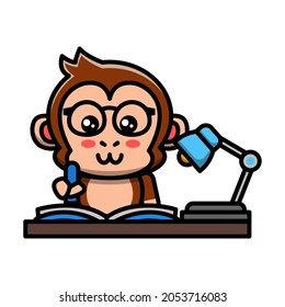 cute monkey studying with table lamp icon illustration vector graphic