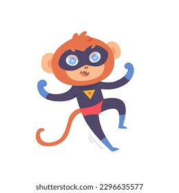 Cute monkey superhero vector illustration. Cartoon isolated brave animal character flying and showing strong muscles and super strength, monkey with tail and paws dressed in hero costume with mask