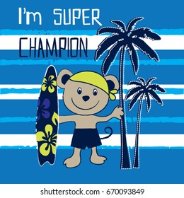 cute monkey surfer cartoon, cheeky monkey on the beach, T-shirt graphics for kids vector illustration
