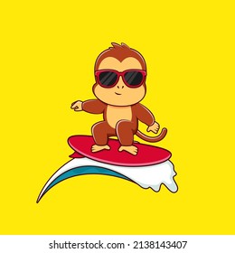 Cute monkey surfing cartoon vector illustration. Cool surfer monkey on wave cartoon.