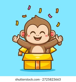 Mono lindo en la caja de regalo sorpresa Ilustración de Vector de dibujos animados. Animal Festiva Icon Concept Vector de Premium aislado. Estilo plano de la historieta