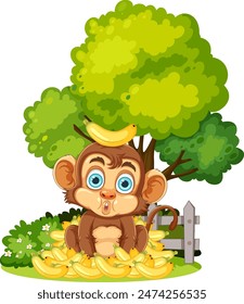 Cute monkey surrounded by bananas and trees