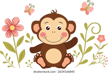 Cute Monkey Surrounded by Flowers and Butterflies
