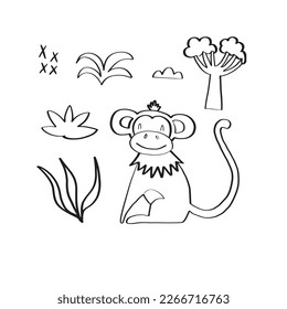 Cute monkey surrounded by tropical plants. Doodle style vector illustration isolated on white background for your design