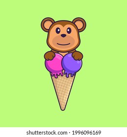 Mono lindo con helado dulce. El concepto de caricatura animal aislado. Puede usarse para camisetas, tarjetas de felicitación, tarjetas de invitación o mascota.