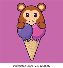Cute monkey with sweet ice cream. Animal cartoon concept isolated. Can used for t-shirt, greeting card, invitation card or mascot.