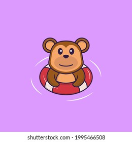 Cute monkey is Swimming with a buoy. Animal cartoon concept isolated. Can used for t-shirt, greeting card, invitation card or mascot.