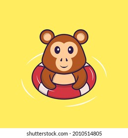 Cute monkey is Swimming with a buoy. Animal cartoon concept isolated. Can used for t-shirt, greeting card, invitation card or mascot.