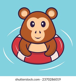 Cute monkey is Swimming with a buoy. Animal cartoon concept isolated. Can used for t-shirt- greeting card- invitation card or mascot.