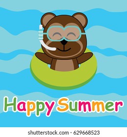 Cute monkey is swimming with swim ring on the beach vector cartoon, Summer postcard, wallpaper, and greeting card, T-shirt design for kids
