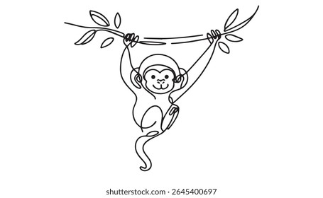 Cute monkey swinging from a branch, simple line drawing