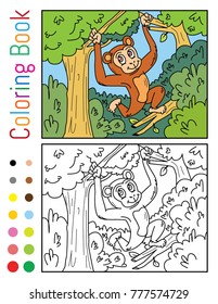 Cute Monkey Swinging on a Branches Coloring Book Vector Illustration