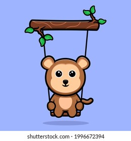 Cute monkey swinging on the tree cartoon mascot