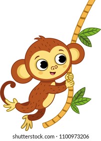 The Cute Monkey Is Swinging. Vector Illustration.