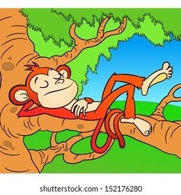 A cute monkey swinging from vines with a banana in his hand 