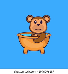 Cute monkey taking a bath in the bathtub. Animal cartoon concept isolated. Can used for t-shirt, greeting card, invitation card or mascot.