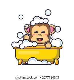 Cute monkey taking bubble bath in bathtub. Cute animal cartoon illustration.