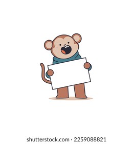 Cute monkey teeneger holding empty banner vector cartoon funny animal character isolated on a white background.