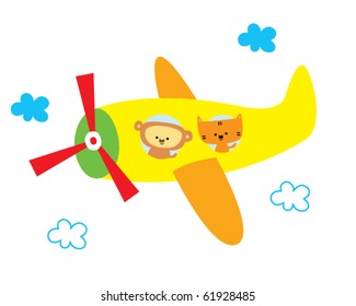 cute monkey and tiger on flying plane