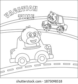 Mono y tigre lindo en el transporte, caracter de conductor de vehículo de transporte. Ilustración vectorial aislada de dibujos animados, Diseño infantil vector creativo para la actividad infantil libro o página de coloración.