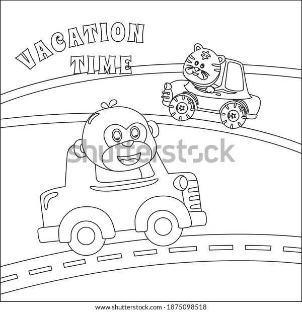 Cute monkey and tiger on transport, transportation\
vehicle drivers character. Cartoon isolated vector illustration,\
Creative vector Childish design for kids activity colouring book or\
page.