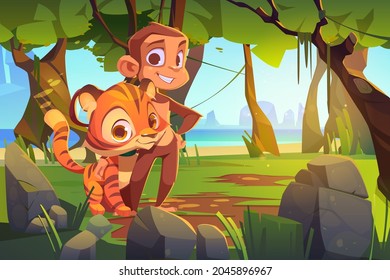 Cute monkey and tiger stand together in jungle. Vector cartoon illustration of rainforest landscape with green trees, stones, sea and wild animals. Funny friends ape and tiger in tropical forest