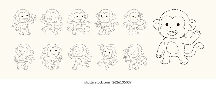 Cute Monkey Tracing Line, Cute Monkey Eat Ice Cream, Playing Ball, Eat Banana, Say Hello