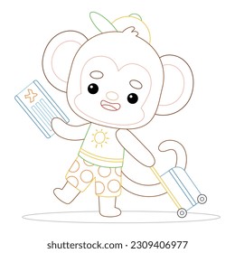 Cute monkey traveler with suitcase and air ticket. Coloring book for children