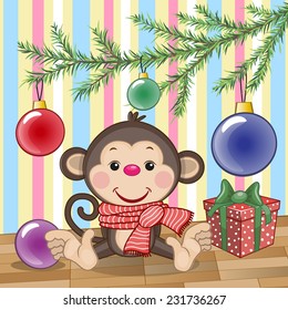 Cute Monkey under the Christmas tree 