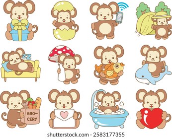 Cute Monkey vector icon. Funny baby Monkey animal series stock illustration. life of fluffy Monkey designs.
Variation daily life of cute monkey