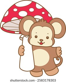 Cute Monkey vector icon. Funny baby Monkey animal series stock illustration. life of fluffy Monkey designs.
Monkey bring a big mushroom