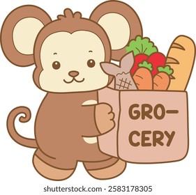 Cute Monkey vector icon. Funny baby Monkey animal series stock illustration. life of fluffy Monkey designs.
Monkey bring a grocery bag